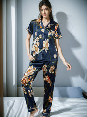 Floral Print Pajama Set Short Sleeve Buttons Top & Elastic Waistband Pants