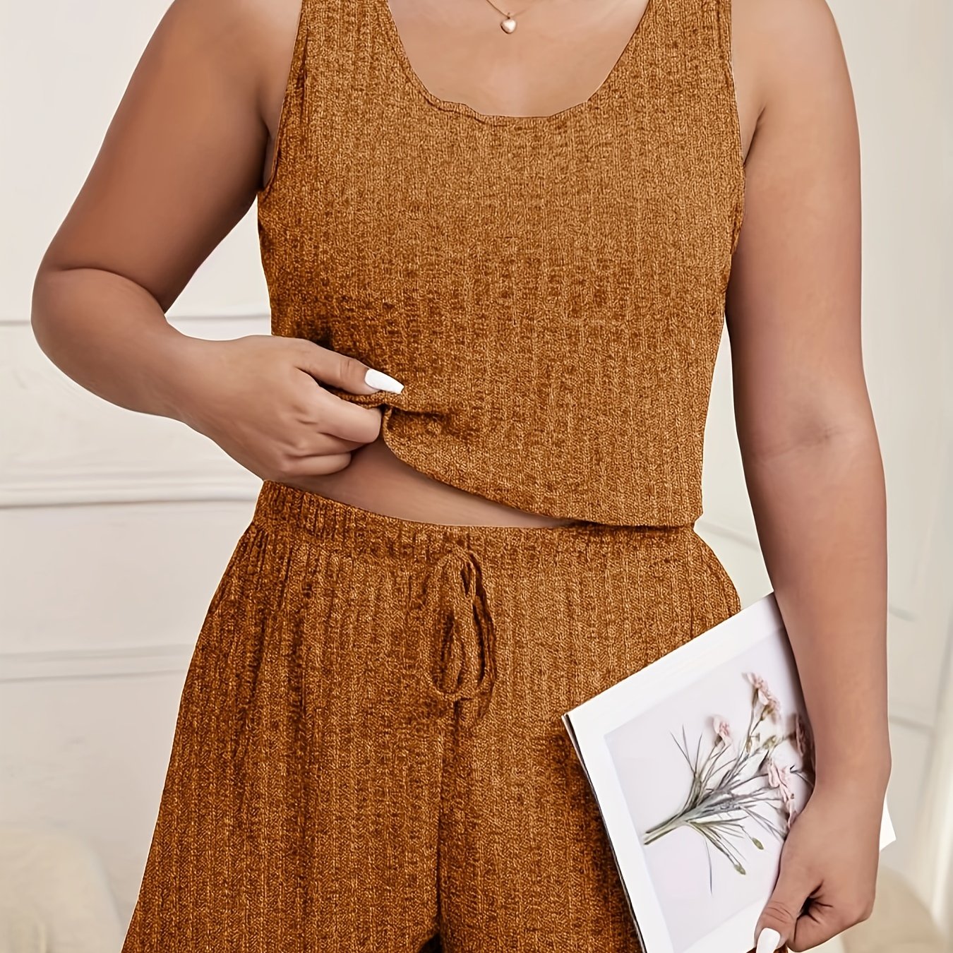Ribbed Crop Tank Top & Tie Shorts Lounge Set