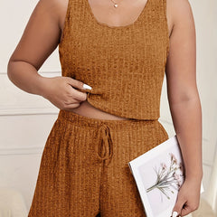 Ribbed Crop Tank Top & Tie Shorts Lounge Set