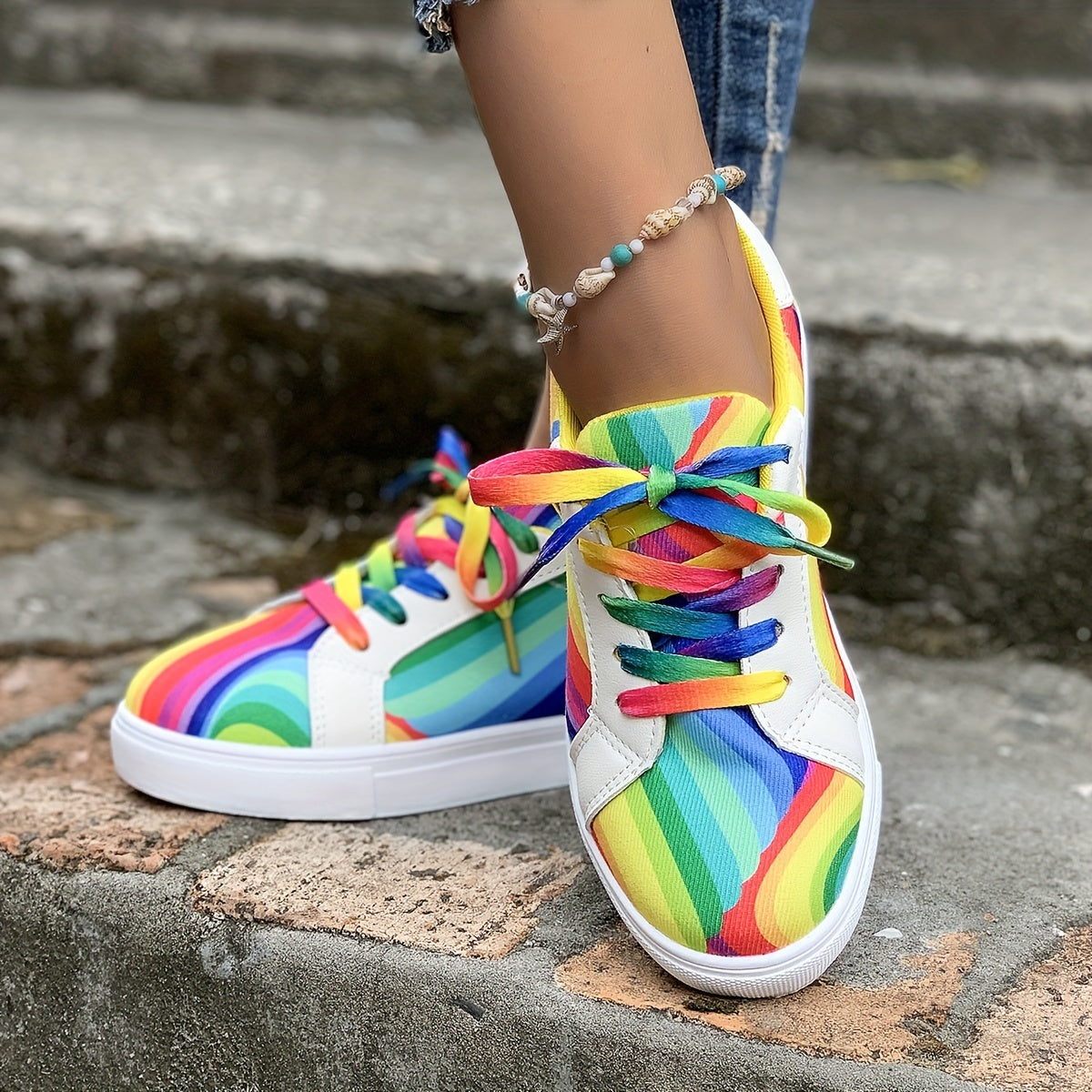 Women's Rainbow Print Lace Up Round Toe Flat Sneakers