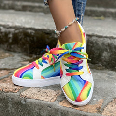 Women's Rainbow Print Lace Up Round Toe Flat Sneakers