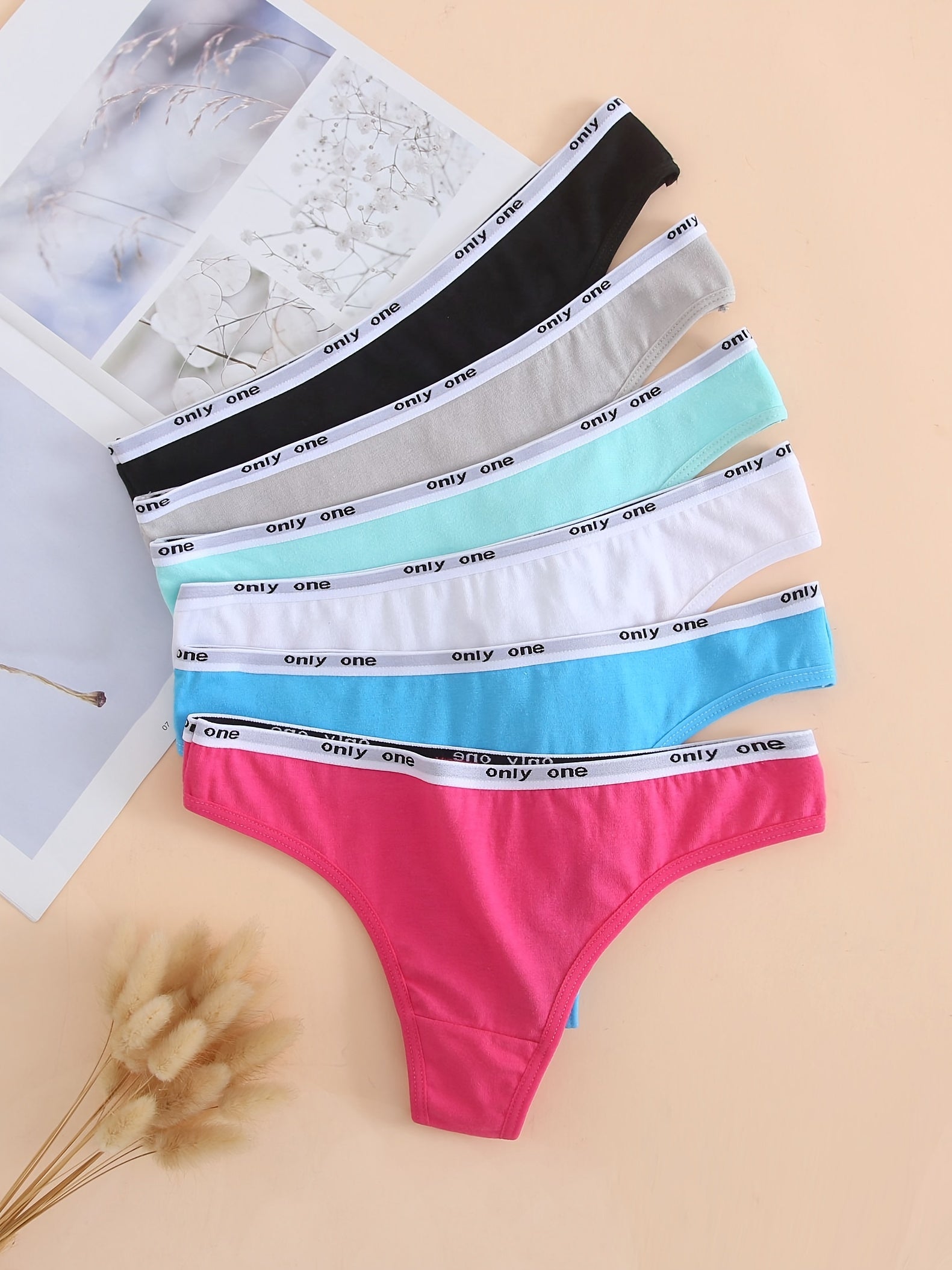6 Pack Cotton Thong Panties, Solid Alphabet Waistline, Women's Lingerie