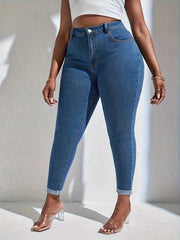 Sexy Jeans Women's Plus Solid Roll Up High Rise High Stretch Skinny