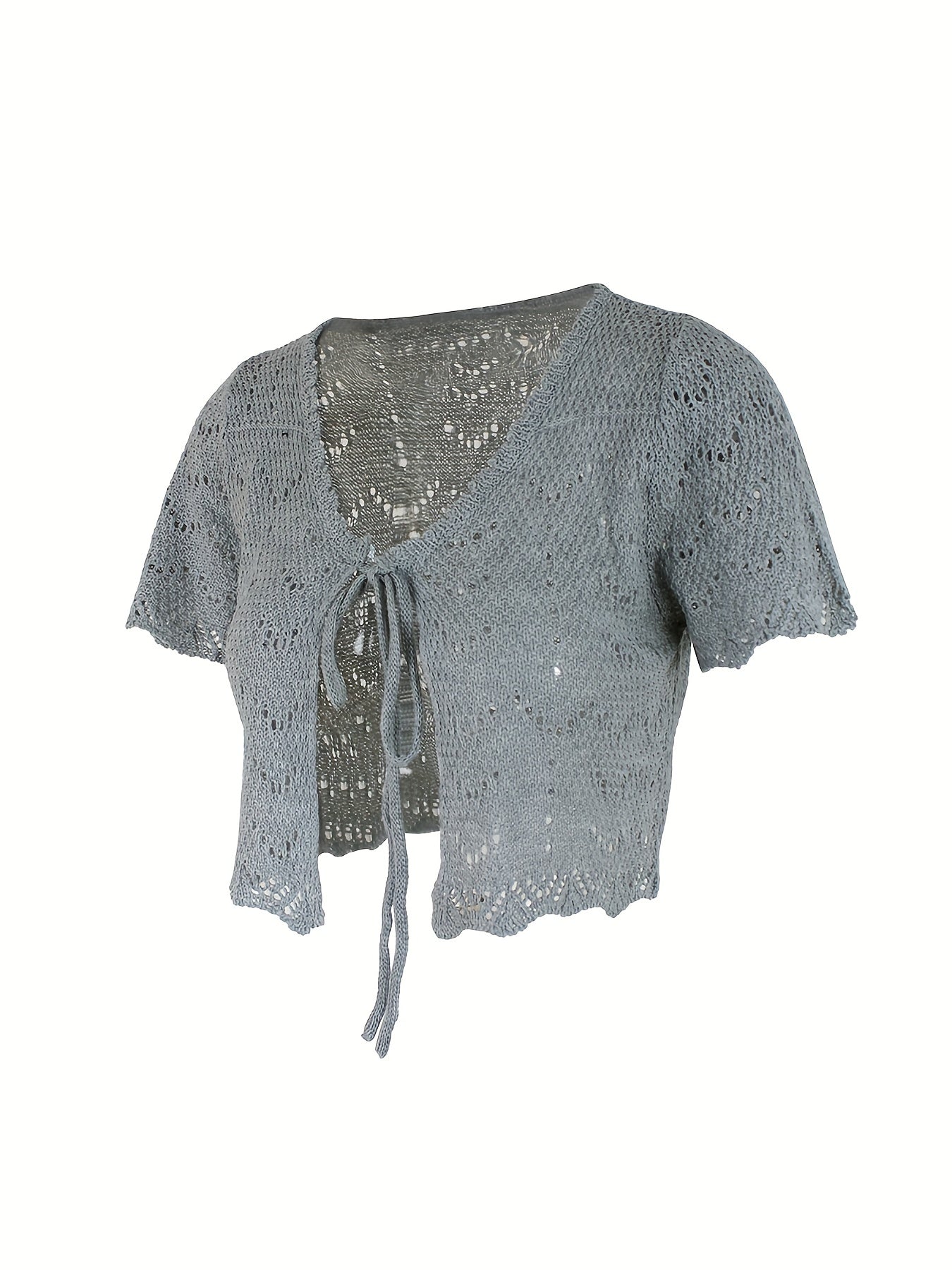Tie Front Knit Cardigan Solid Short Sleeve Sweater