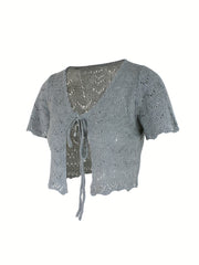 Tie Front Knit Cardigan Solid Short Sleeve Sweater