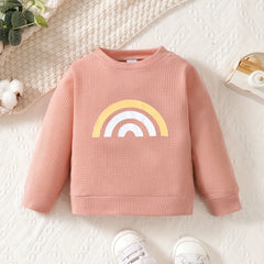 Unisex Rainbow Waffle Long Sleeve Pullover Top Crew Neck Blouse