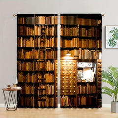 2pcs Bookshelf Print Curtains for Study Room Rod Pocket Window Drapes