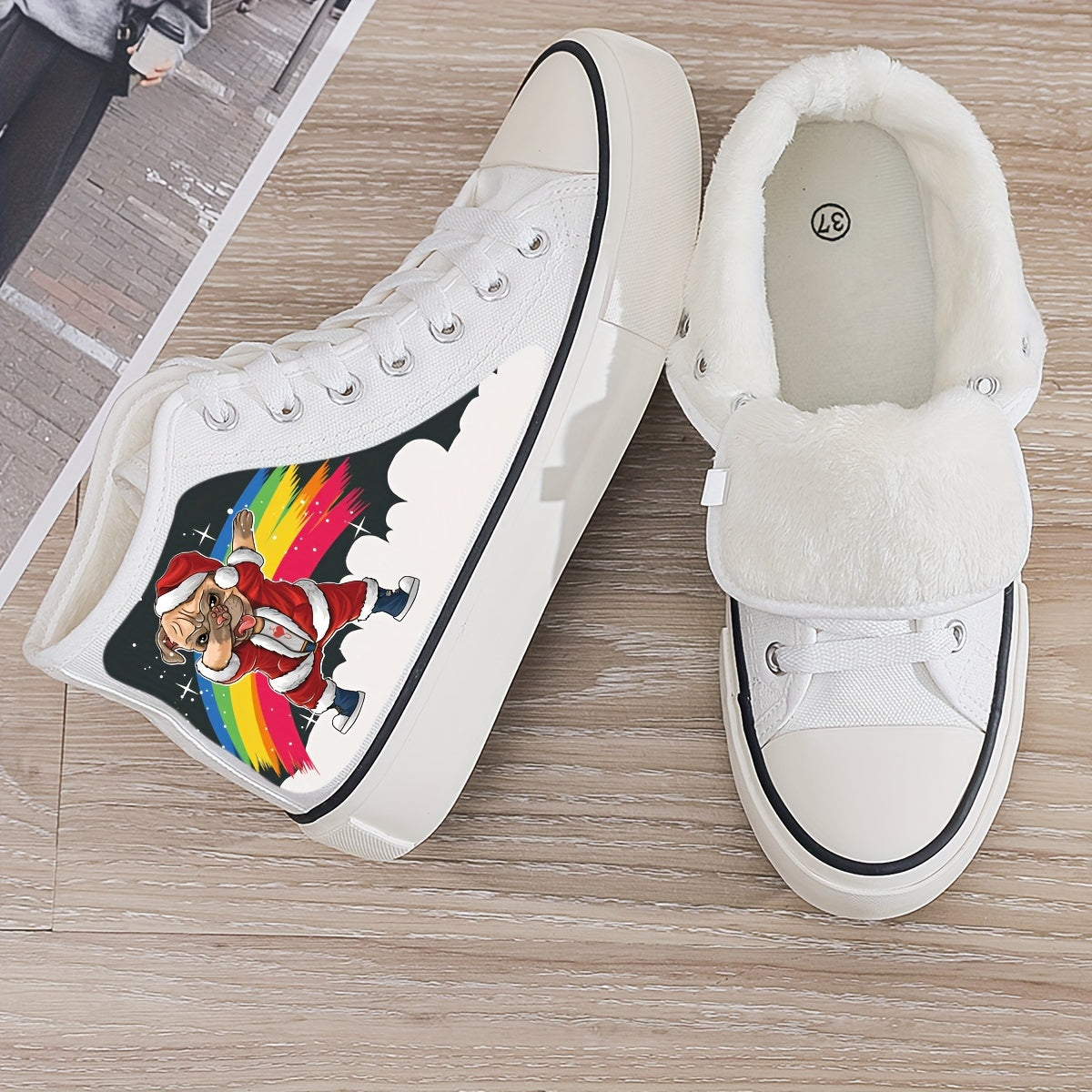 Christmas Puppy Plush Lined Canvas Sneakers