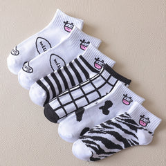 6 Pairs Cartoon Cow & Striped Ankle Socks Women's Stocking