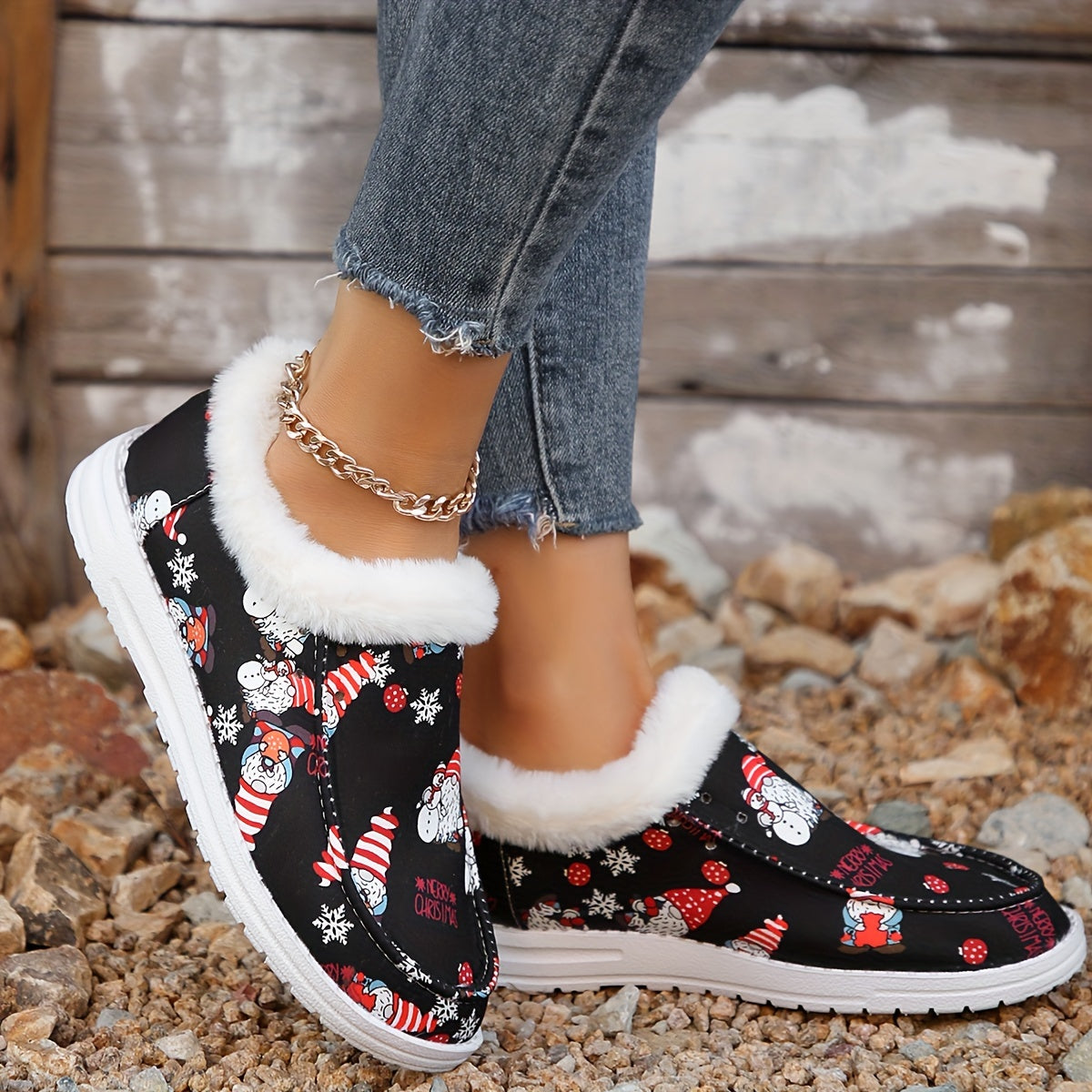 Christmas Print Fluffy Skate Shoes for Women