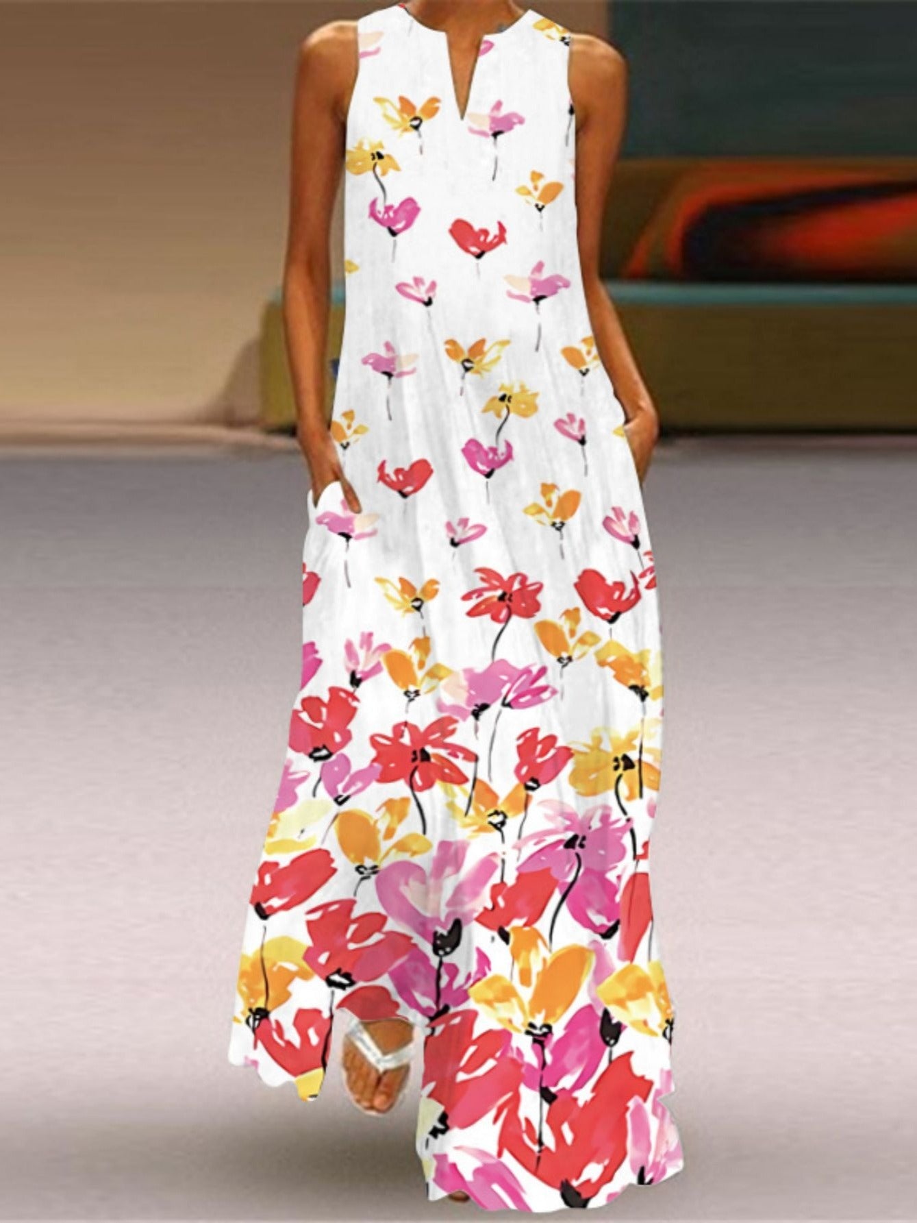 Sleeveless V-Neck Colorful Maxi Dress Boho Loose Flared Dress