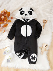 Panda Shape Embroidered Long Sleeve Creeper Fleece Zip Up Hood