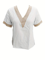 Lace Trim Splicing Blouse V Neck Short Sleeve Comfy Blouse