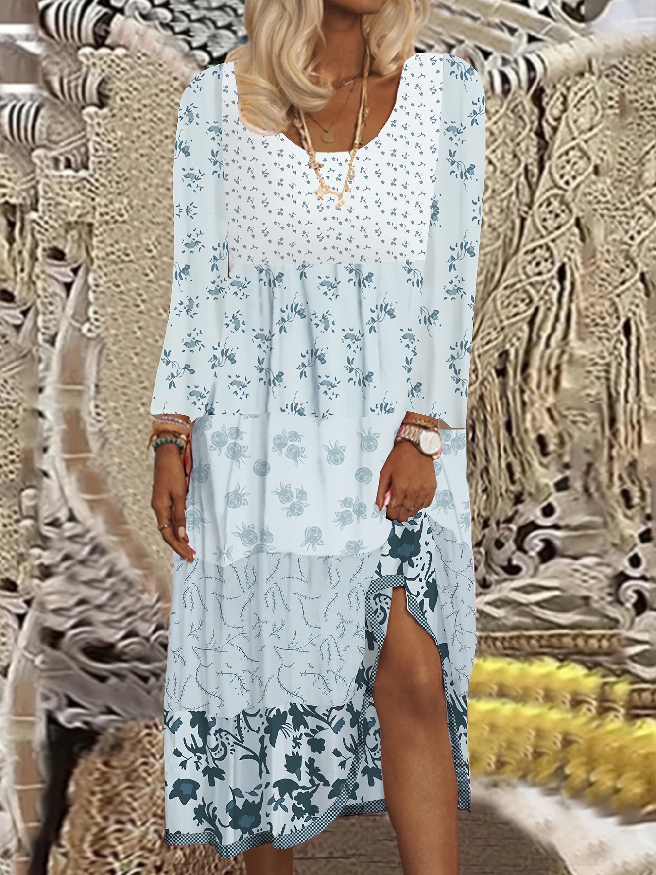 Colorblock Floral Print Maxi Dress Long Sleeve