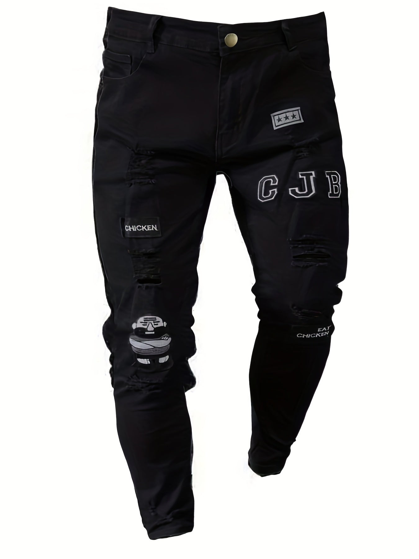 Slim Fit Ripped Embroidery Biker Jeans Mens Casual Street Style Stretch Denim