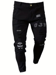 Slim Fit Ripped Embroidery Biker Jeans Mens Casual Street Style Stretch Denim