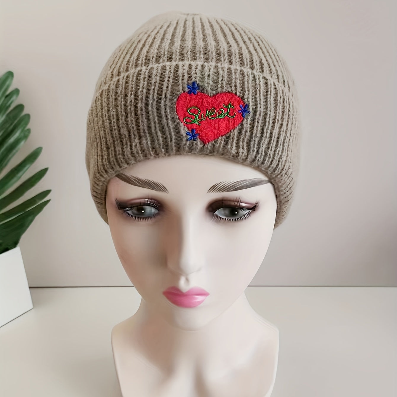 Heart Embroidery Khaki Beanie Casual Lightweight Warm Skull Cap Elastic Knitted