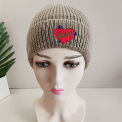 Heart Embroidery Khaki Beanie Casual Lightweight Warm Skull Cap Elastic Knitted