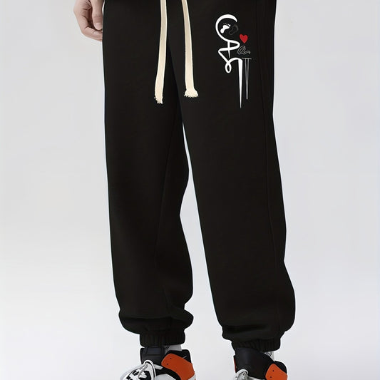 Heart & Footprint Print Drawstring Sweatpants Loose Fit