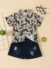 Boys Cactus Graphic Print Shirt & Ripped Denim Shorts Set for Summer