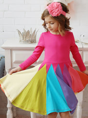 Girls Long Sleeve Round Neck Block Rainbow Princess Dress Kids Clothes