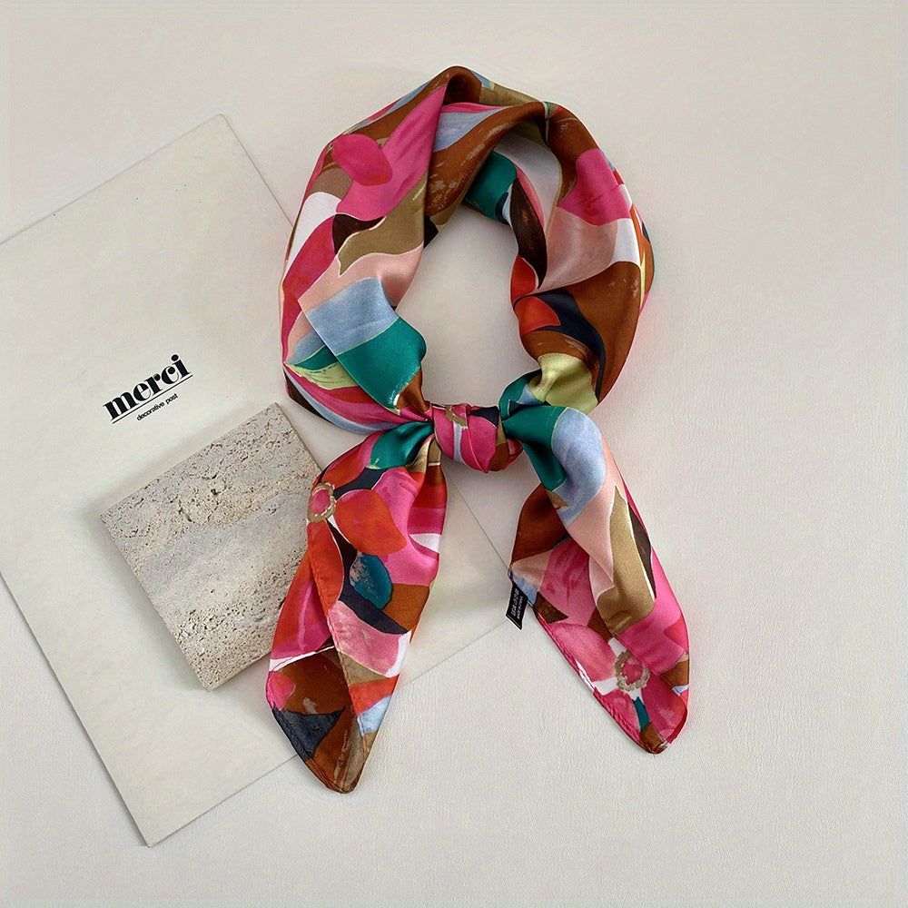 Flower Print Silk Square Scarf Bandana Head Wrap for Women