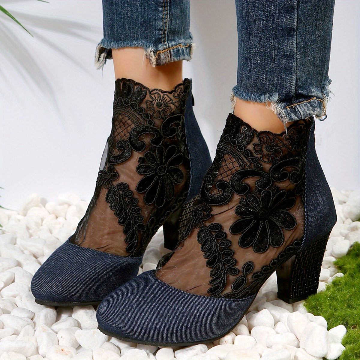 Floral Lace Ankle Boots Chunky Heeled Sandals Dress Heeled Boots