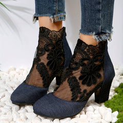 Floral Lace Ankle Boots Chunky Heeled Sandals Dress Heeled Boots