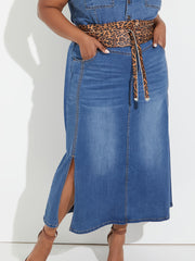 Women's Plus Solid Seam Front Button Fly High Rise Denim Skirt
