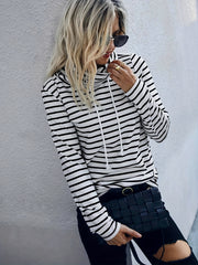 Striped Print Drawstring Pullover Sweatshirt Women's Clothing