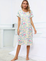 Floral Print Lounge Dress Crew Neck Short Sleeve