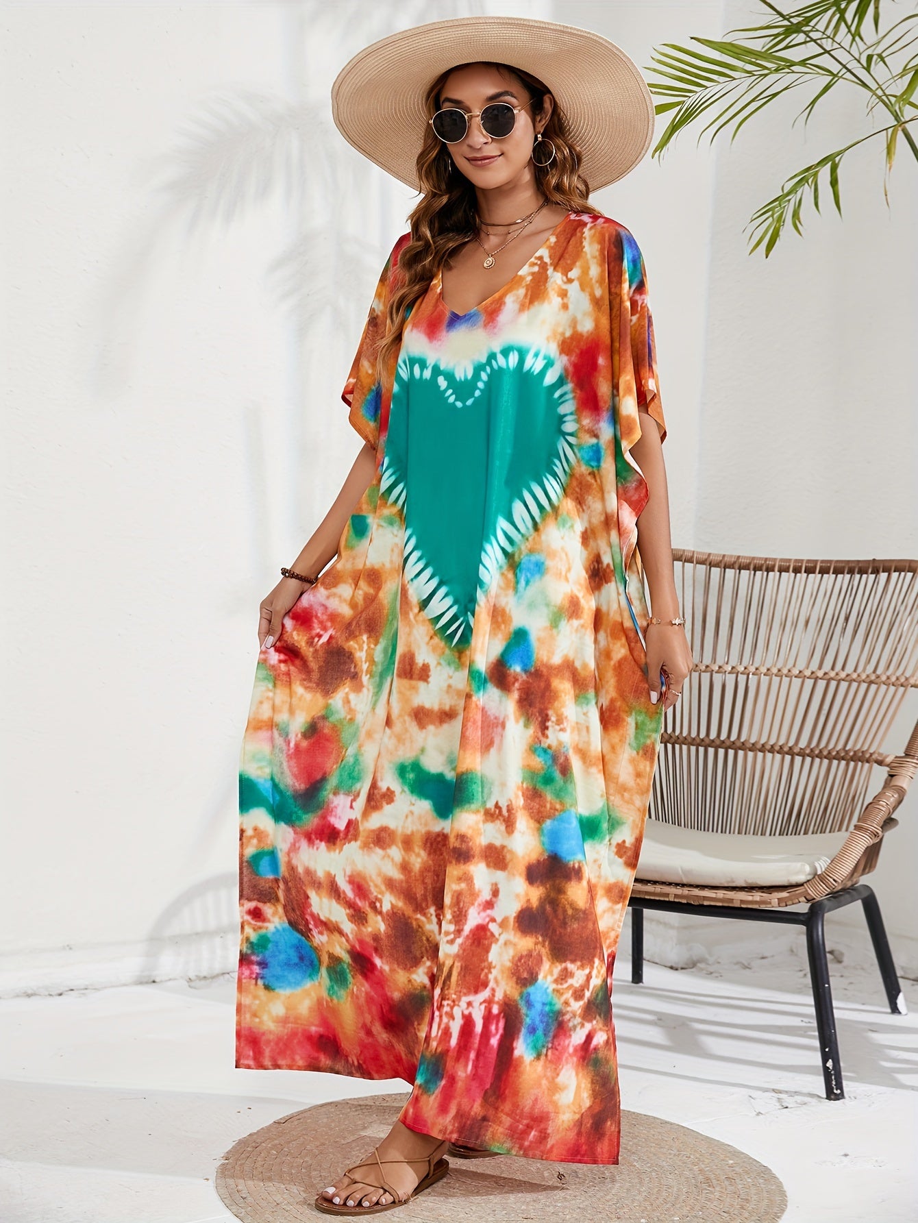 Boho Cover Up Tie Dye Heart Pattern V Neck Maxi Beach Cover Up