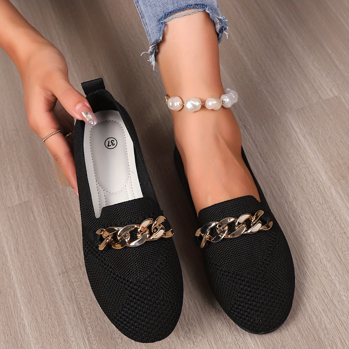 Women's Knitted Flat Loafers with Chain Decor Soft Sole Slip On Shoes