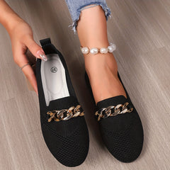 Women's Knitted Flat Loafers with Chain Decor Soft Sole Slip On Shoes