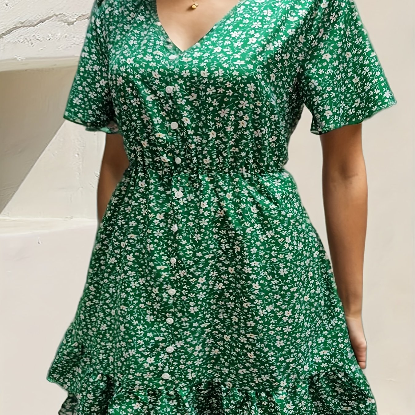 Ditsy Print Button Decor V Neck Mini Dress