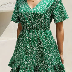 Ditsy Print Button Decor V Neck Mini Dress