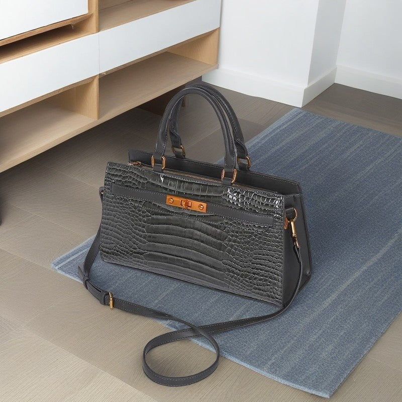 Gray Textured Tote Bag Convertible Shoulder Crossbody Zip Closure