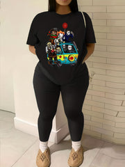 Figures Print Short Sleeve T shirt & Solid Leggings Set