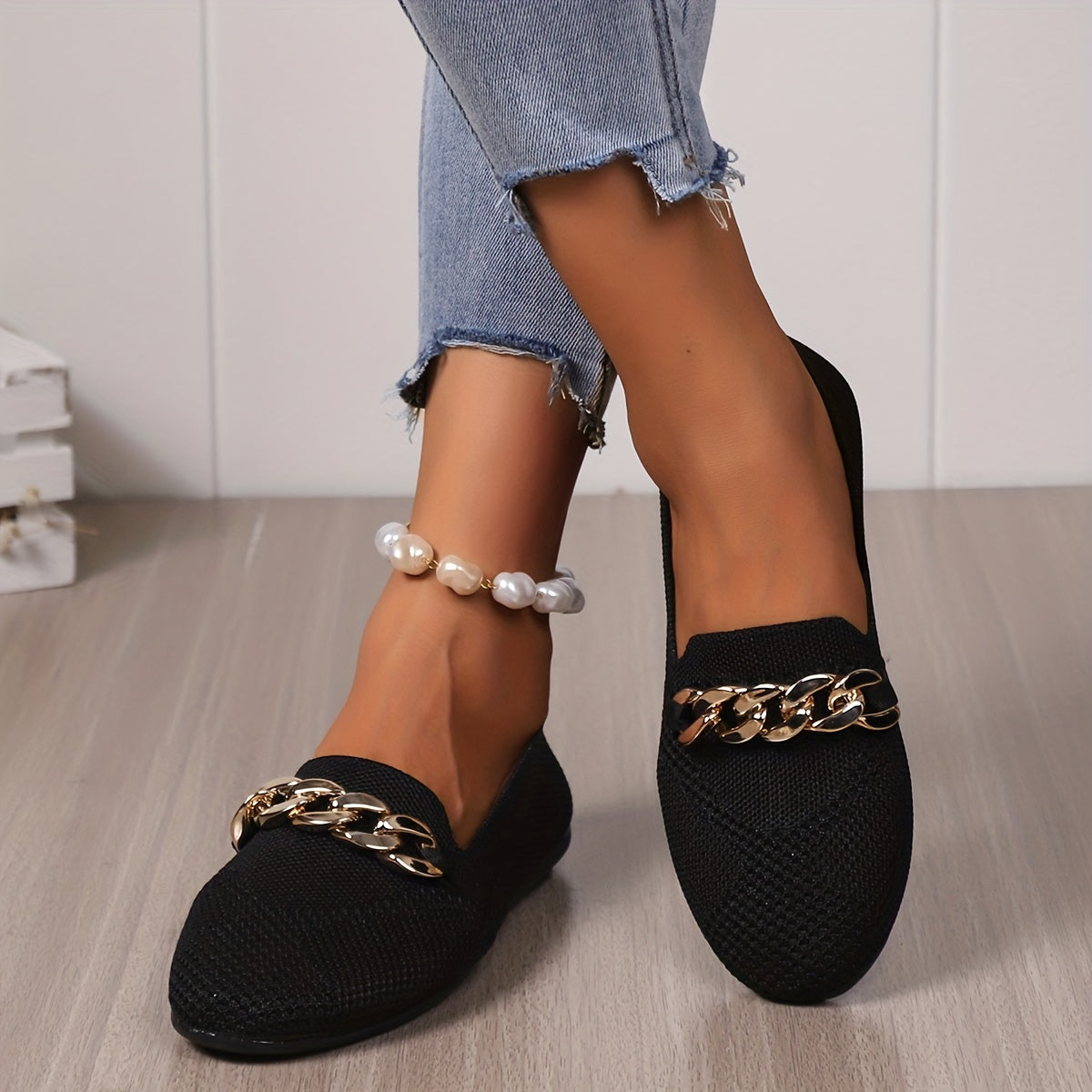 Women's Knitted Flat Loafers with Chain Decor Soft Sole Slip On Shoes