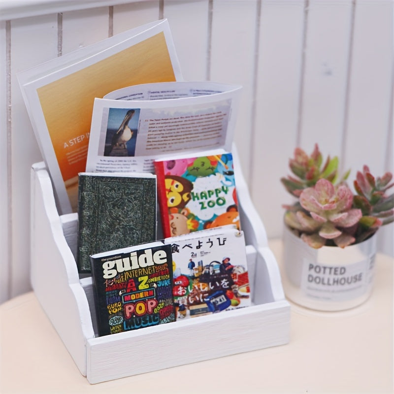 Wooden Dollhouse Storage Rack with Books and Desk Accessories