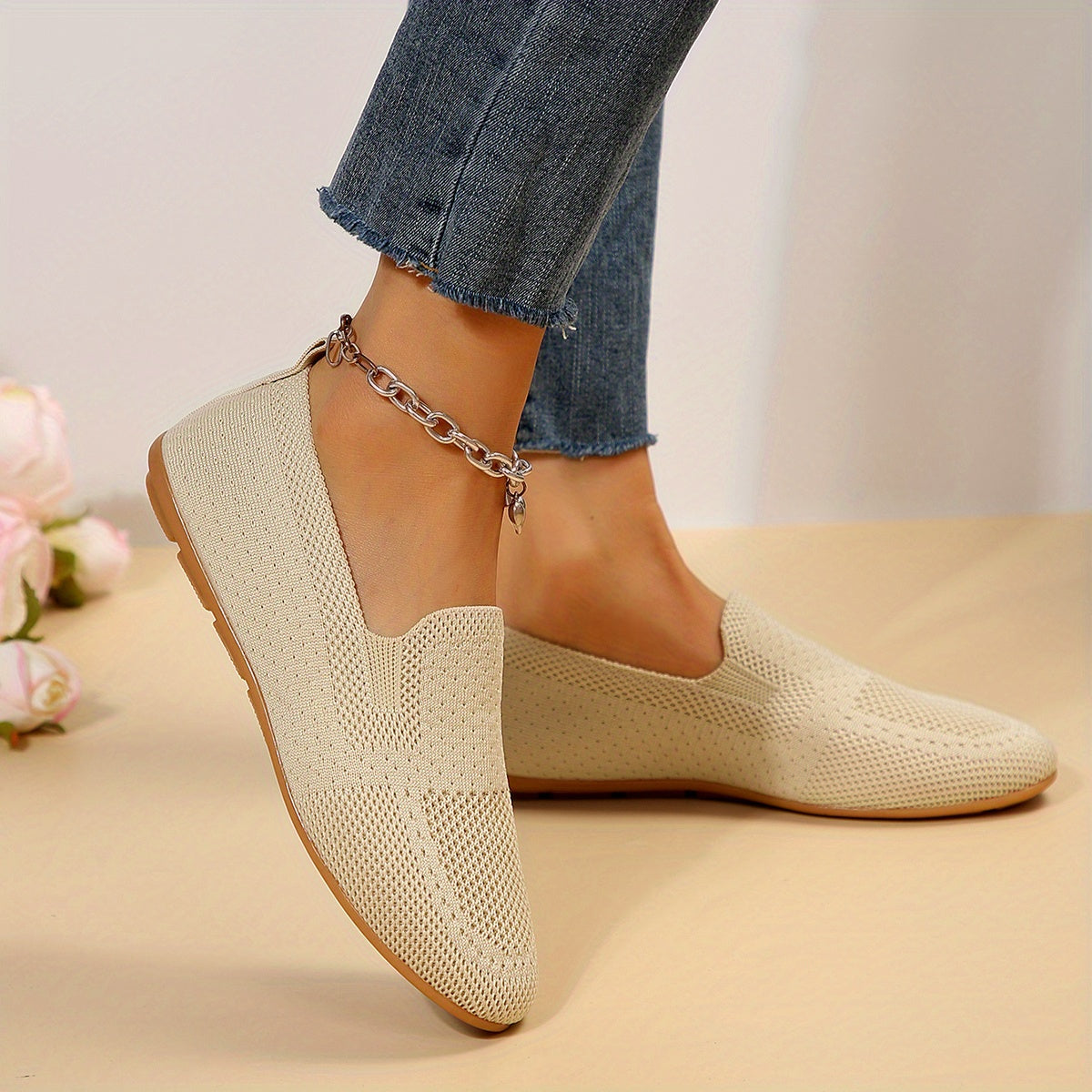 Women's Knit Mesh Slip On Flat Shoes Lightweight & Comfortable