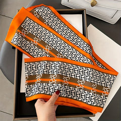 Geometric Print Skinny Silk Scarf Double Layer Neck Tie Ribbon