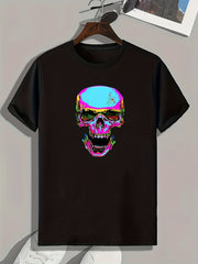 Glitch Skull Print Men's Comfy T-shirt for Outdoor Summer