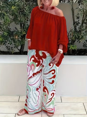 Women's 2 Piece Set Solid One Shoulder Top & Leaf Print Pants Outfits
