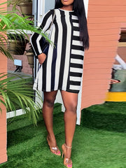 Stripe Print Long Sleeve Round Neck Mini Dress