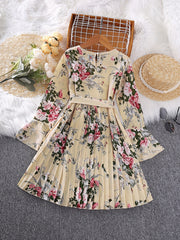 Girl Floral Print Long Sleeved Ruffle Dress with Butterfly Tie