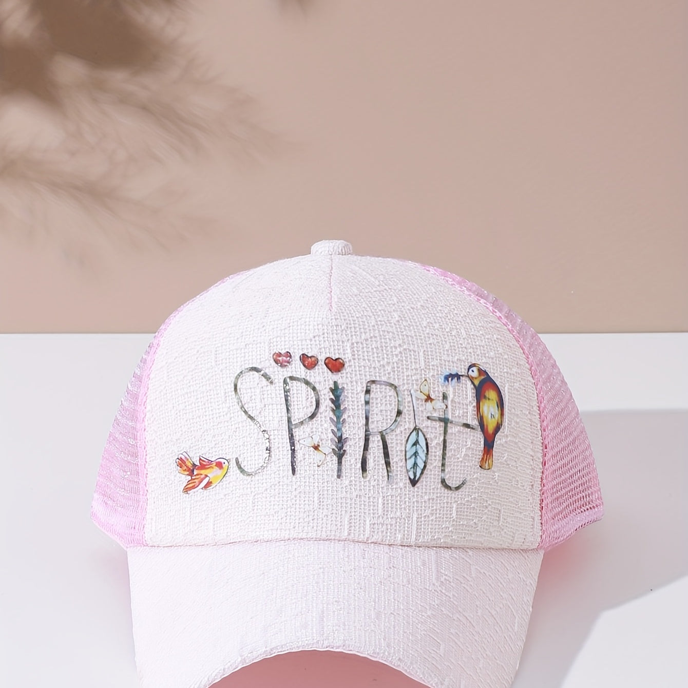 Letter Bird Printed Trucker Hat Pink Mesh Breathable Baseball Cap Women