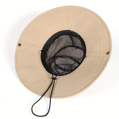 Khaki Wide Brim Bucket Hat Drawstring UV Protection Mesh Breathable Sun Hat