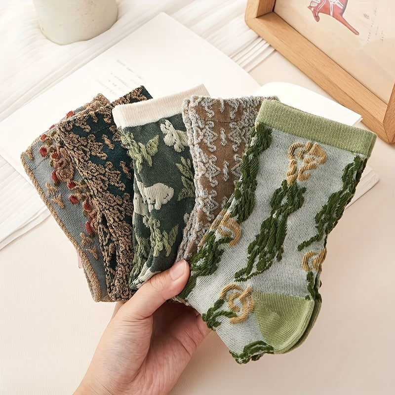5 Pairs 3D Floral Textured Retro Style Mid Tube Socks Women's St