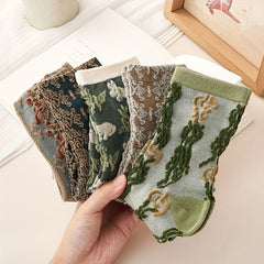 5 Pairs 3D Floral Textured Retro Style Mid Tube Socks Women's St